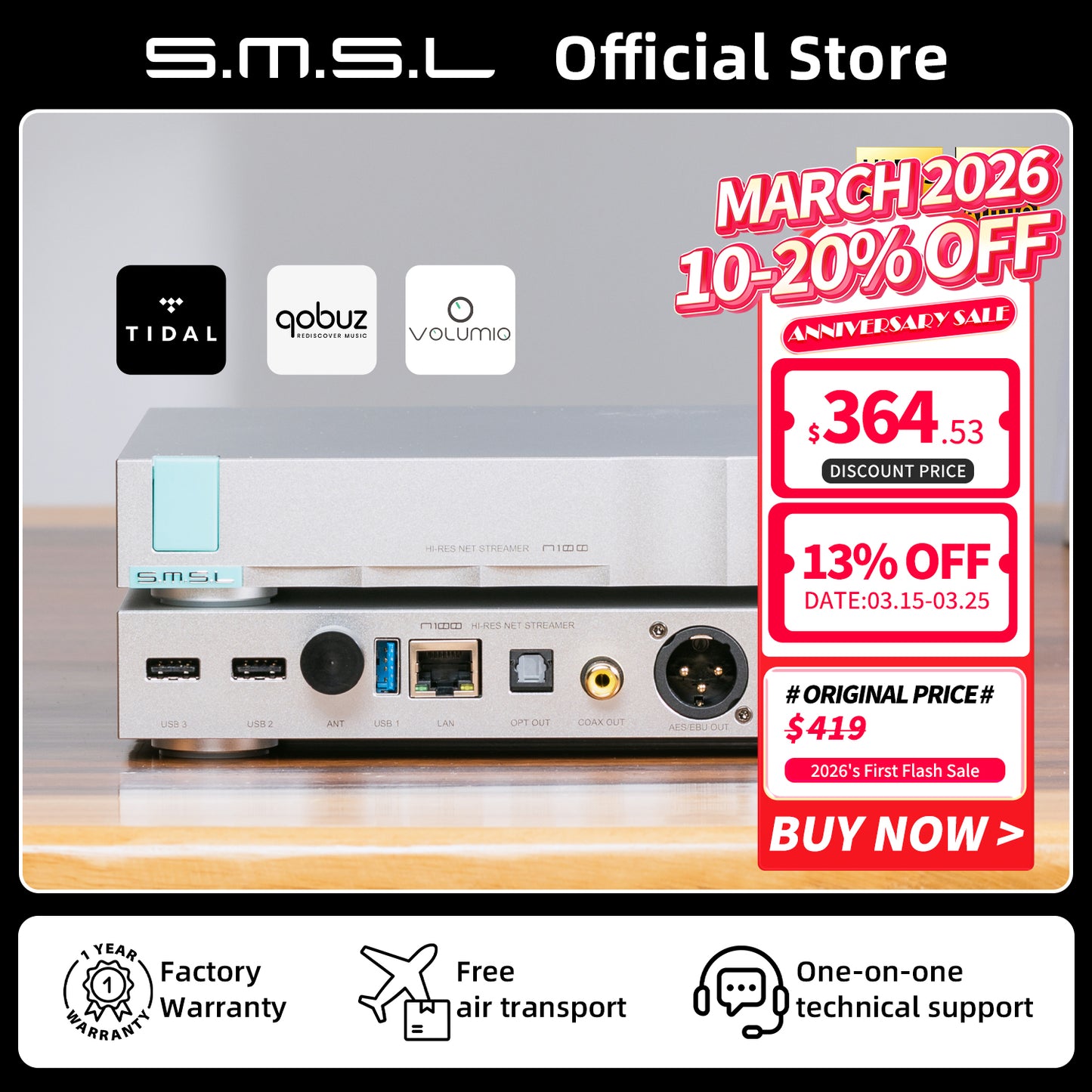SMSL N100 Hifi Net Streamer Player Support Airplay DLNA ROON Hard Disk MQA USB 3.0 Optical Coaxial